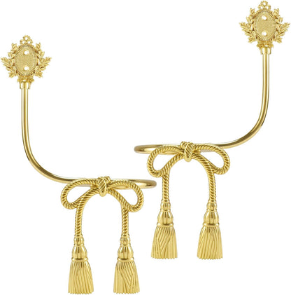 2 Pcs Gold Brass Hemp Rope Bow Curtain Tiebacks, Vintage Wall Mounted Curtain Holdbacks with Screw, Decorative Curtain Hooks for Living Room、 Bedroom and Home Office