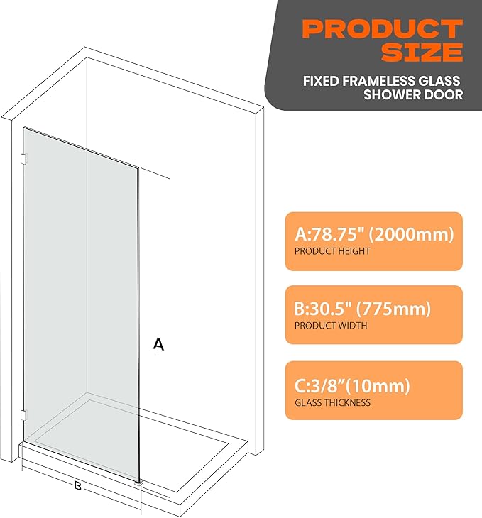 Bathroom Shower Door 30.5" W x 78.75" H, Frameless Fixed 3/8" Thick Clear - Image 7