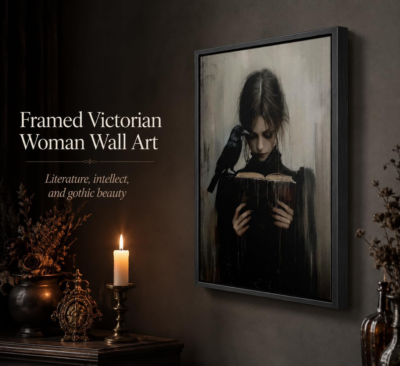 Framed Dark Academia Wall Art Gothic Girl Reading Wall Decor 8x10 Inch | Victorian Woman Wall Decor,Gothic Raven Picture Artwork for Library Corner Bedroom Dorm Study Home Decoration