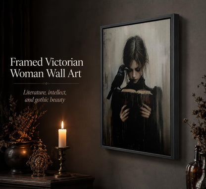 Framed Dark Academia Wall Art Gothic Girl Reading Wall Decor 8x10 Inch | Victorian Woman Wall Decor,Gothic Raven Picture Artwork for Library Corner Bedroom Dorm Study Home Decoration
