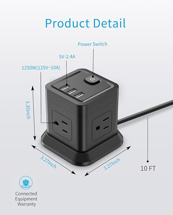 Power Strip with USB C, FDTEK Flat Plug Extension Cord with 4 Outlets and 3 USB - Image 7