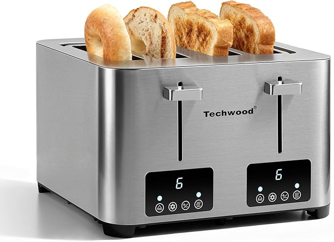 Toaster 4 Slice, Techwood Stainless Steel 4-Slice Toaster Wide Solt by Techwood