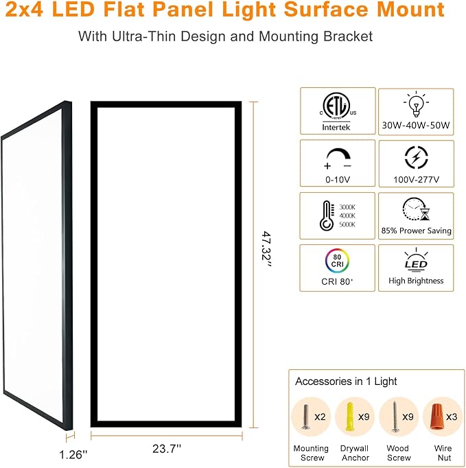 Mcacggo Black 2x4 FT LED Flat Panel Light Surface Mount 2 Pack, 0-10V Dimmable - Image 7