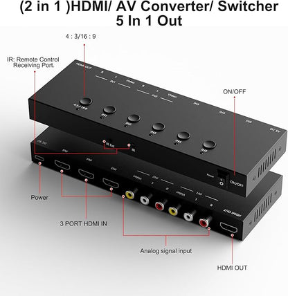 Dingsun 3 Way HDMI 2.0 to HDMI Switcher + 2 Way RCA to HDMI Converter - Image 2