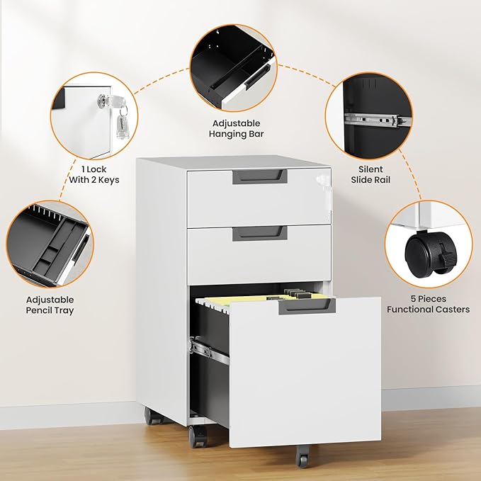 3 Drawer File Cabinet with Lock, Fully Assembled Metal Mobile Filing Cabinets - Image 6