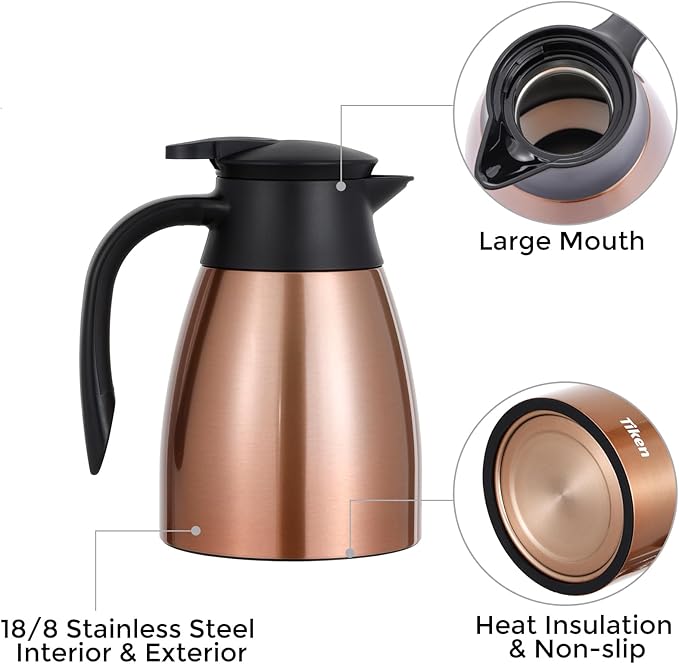 Tiken 34 Oz Thermal Coffee Carafe, Stainless Steel Insulated Vacuum Coffee - Image 3