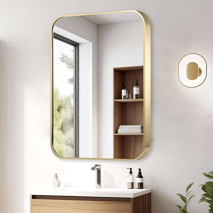 22x30 Inch Gold Bathroom Mirror, Brushed Gold Metal Framed Rectangular Mirror - Image 8
