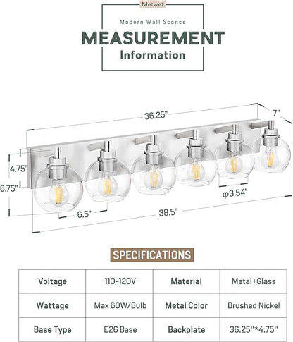 METWET Bathroom Light Fixtures, 6 Light Brushed Nickel Vanity Light, 38 Inch - Image 2
