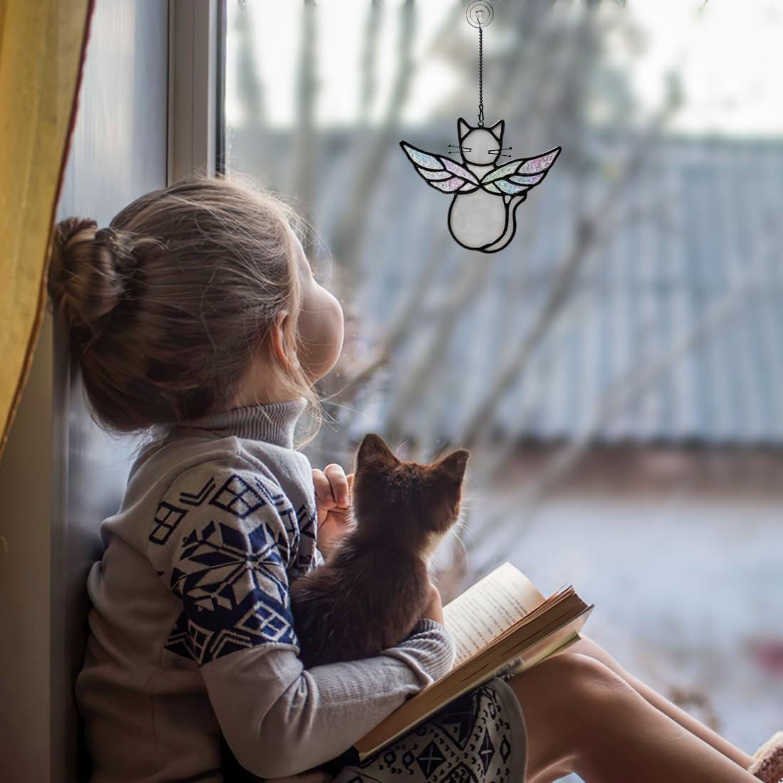 Gray Cat Gifts for Cat Lovers Stained Glass Suncatcher for Window | Angel Cat Memorial Gifts Stained Glass Window Hangings,Loss of Cat Memorial Gifts for Women,Mother,Friend, Grandma,Christmas