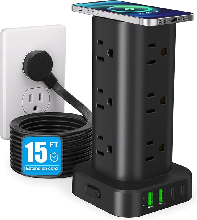 Power Strip Tower with Wireless Charger, Flat Plug Surge Protector Tower with by Unknown