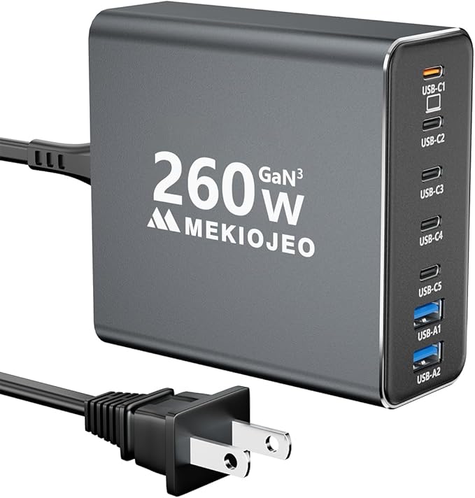 Aluminum Alloy 260W USB C Charger GaN Fast USB C Charging Station 7 Ports 65W by MEKIOJEO