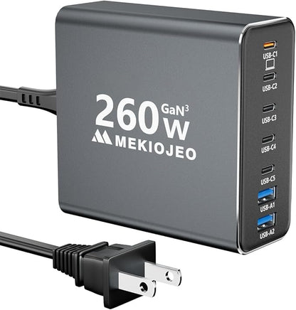 Aluminum Alloy 260W USB C Charger GaN Fast USB C Charging Station 7 Ports 65W by MEKIOJEO