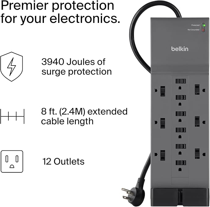 Belkin 12-Outlet Surge Protector Power Strip w/ 12 AC Outlets & 8ft Flat Plug - Image 2
