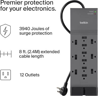 Belkin 12-Outlet Surge Protector Power Strip w/ 12 AC Outlets & 8ft Flat Plug - Image 2