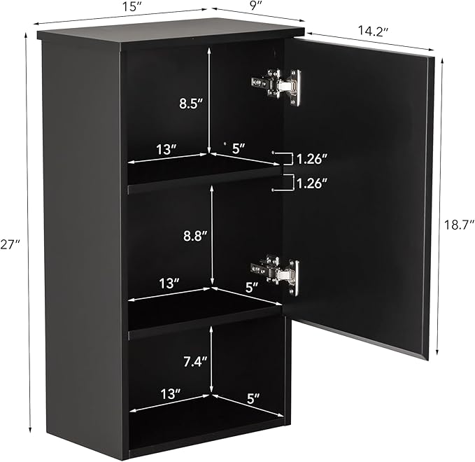 Bathroom Wall Cabinet with Single Door, Soft-Close Hinges, 15x27 inch Wooden - Image 2