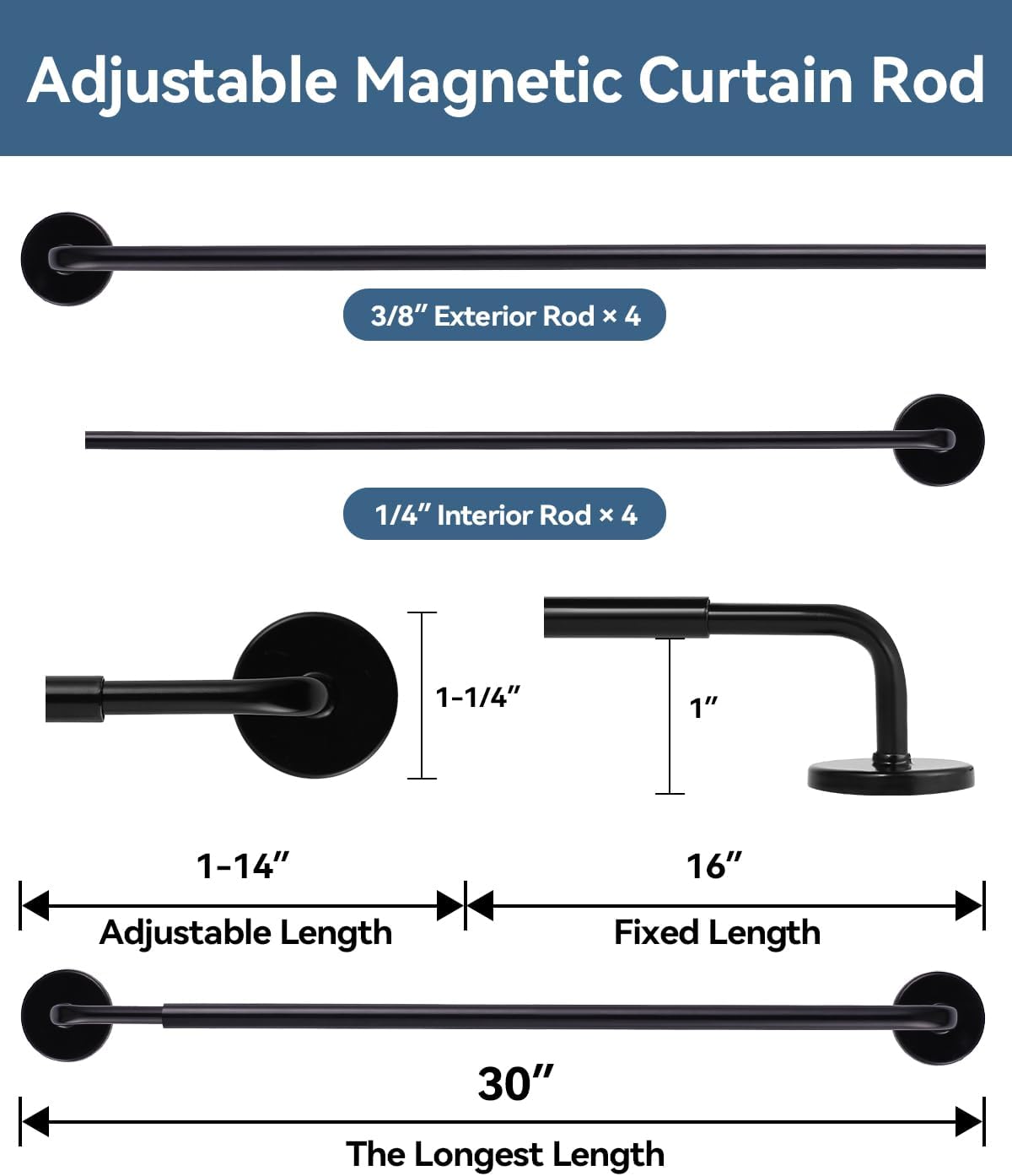 2 Pack Magnetic Curtain Rods for Metal Doors, 17-30in No-Drill Rods, Black | Tool-Free Installation, Strong Magnetic Hold, Stepless Adjustable, Damage-Free Hanging, French Doors, Metal front/back doors