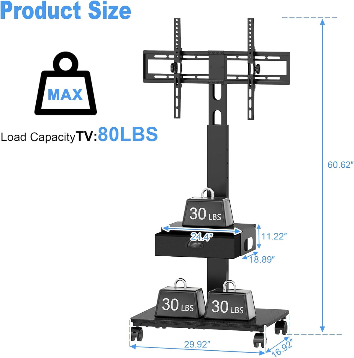 Rolling TV Stand With Drawer, TV Stand Cart On Wheels For 30-75 Inch TVs