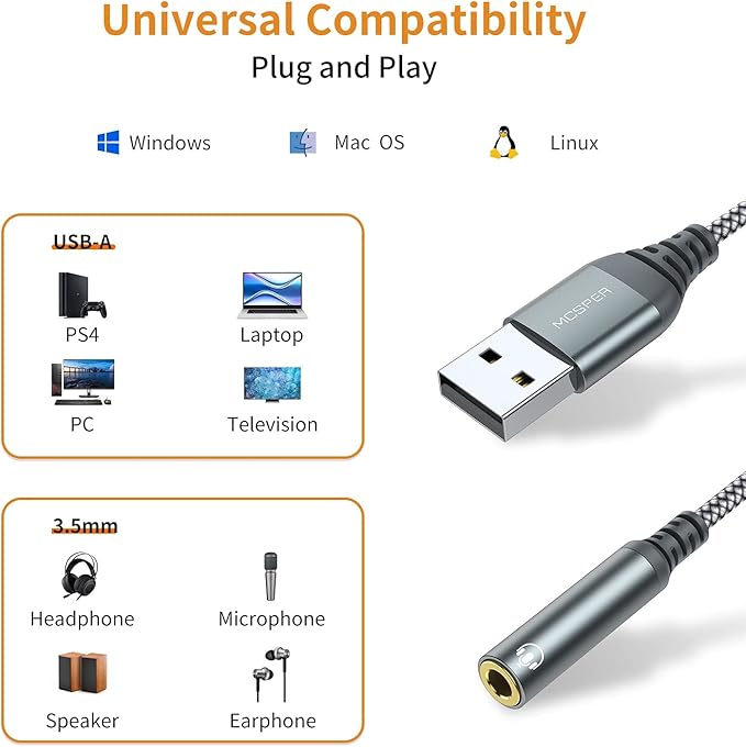 USB to 3.5mm Audio Jack Adapter, External Sound Card Converter Compatible - Image 3