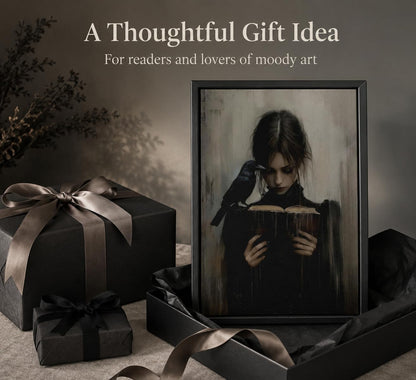 Framed Dark Academia Wall Art Gothic Girl Reading Wall Decor 8x10 Inch | Victorian Woman Wall Decor,Gothic Raven Picture Artwork for Library Corner Bedroom Dorm Study Home Decoration