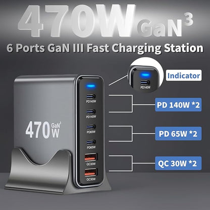 470W USB C Fast Charger Block, 6 Ports GaN III USB Chagring Station, Dual 140W - Image 2