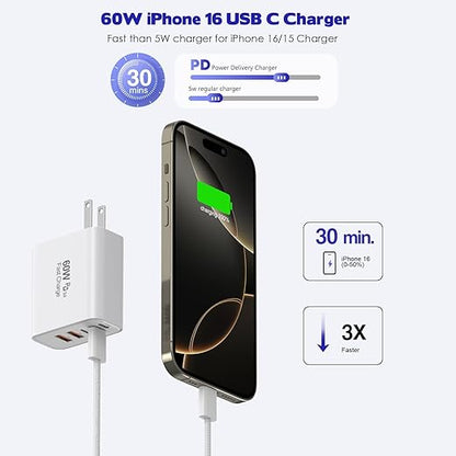 iPhone 17/16 Fast Charger Block, 2 Pack 60W USB Charging Block 5-Port Charge - Image 2