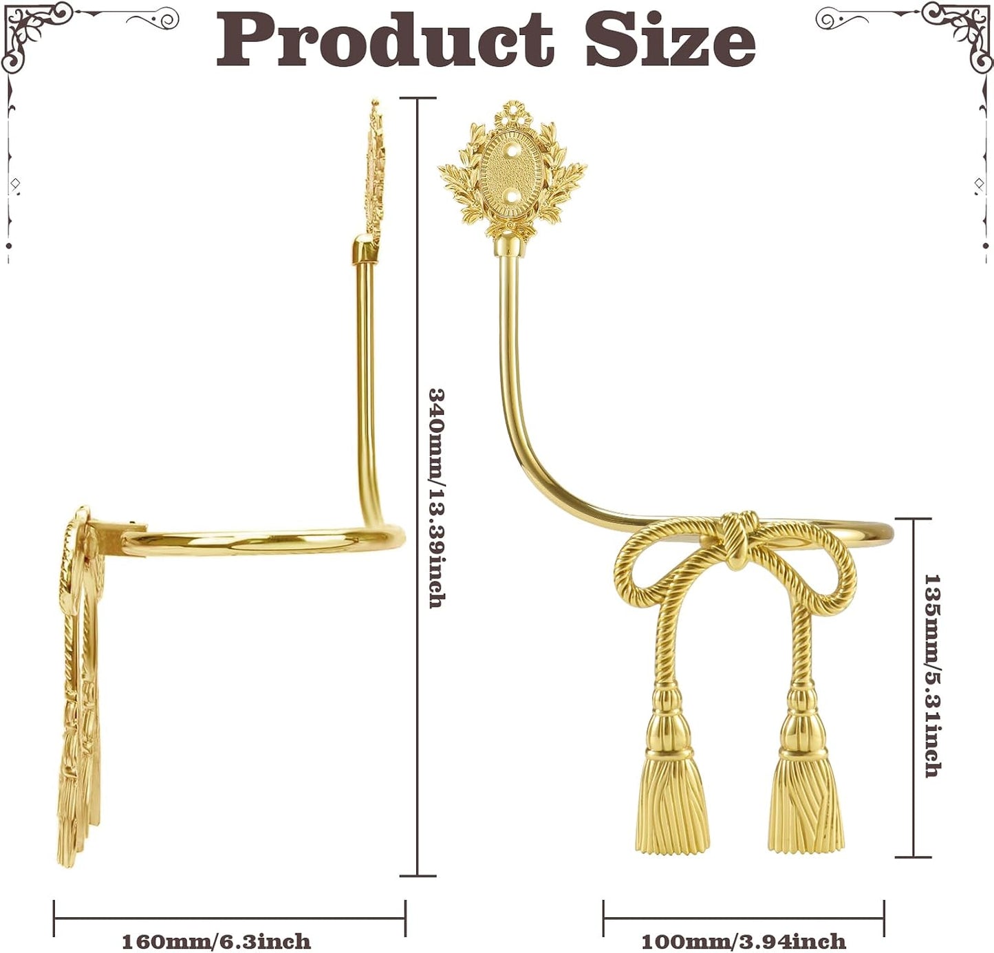 2 Pcs Gold Brass Hemp Rope Bow Curtain Tiebacks, Vintage Wall Mounted Curtain Holdbacks with Screw, Decorative Curtain Hooks for Living Room、 Bedroom and Home Office