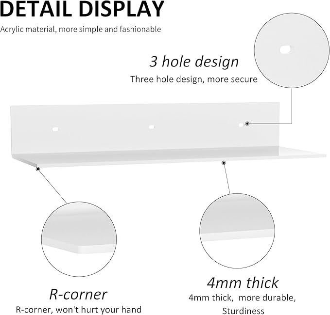 2 Pack White Acrylic Floating Shelves 15 Inches, Wall Hanging Bathroom Shelves - Image 4
