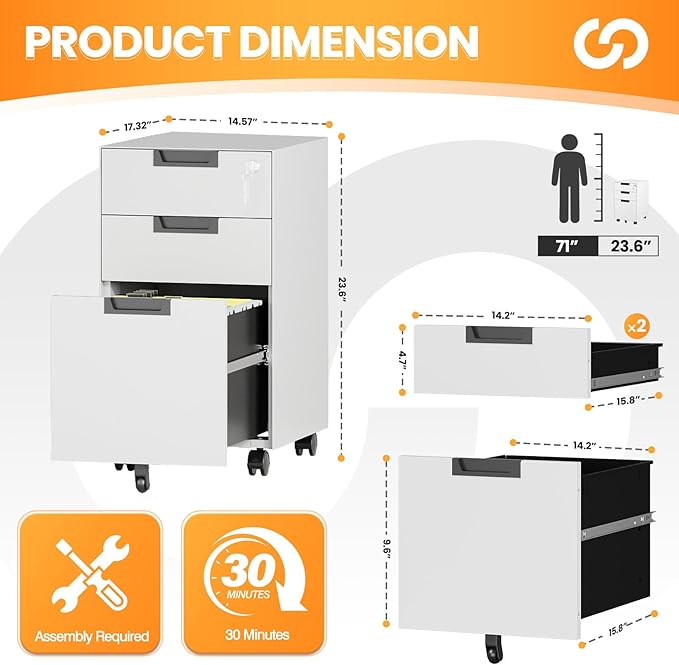 3 Drawer File Cabinet with Lock, Fully Assembled Metal Mobile Filing Cabinets - Image 3