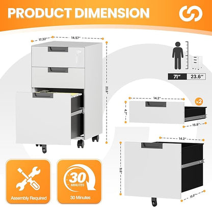 3 Drawer File Cabinet with Lock, Fully Assembled Metal Mobile Filing Cabinets - Image 3