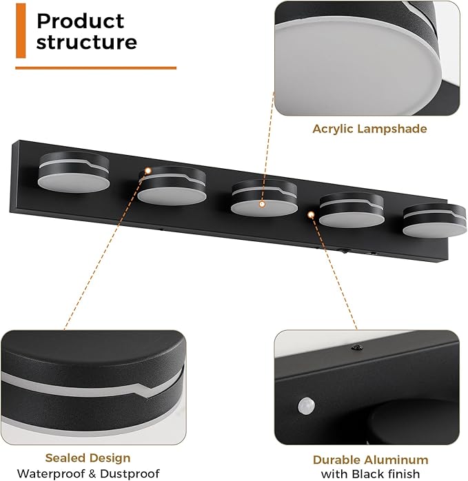 32" Motion Sensor Vanity Light, Matte Black 3CCT 5-Light Modern LED Bathroom - Image 7