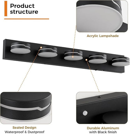 32" Motion Sensor Vanity Light, Matte Black 3CCT 5-Light Modern LED Bathroom - Image 7