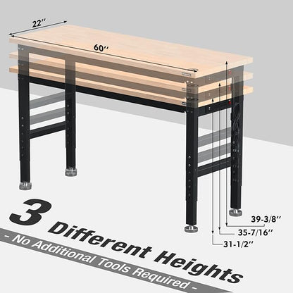 WORKPRO 60" Adjustable Workbench, Rubber Wood Top Heavy-Duty Workstation - Image 3