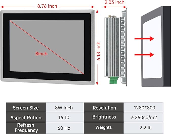 8-Inch Industrial Touch Screen Monitor, Ratio 16:10 Embedded PCAP Touchscreen - Image 4