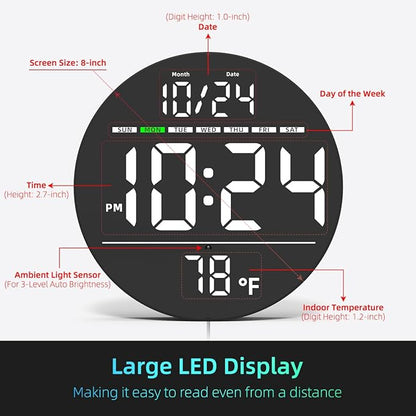 Digital Wall Clock with Large LED Display, Temperature, Auto-Brightness | Small - Image 3