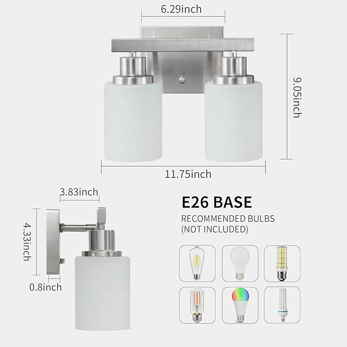 DIKAIDA Bathroom Light Fixtures Over Mirror, 2-Light Modern Nickel Vanity Lights - Image 3