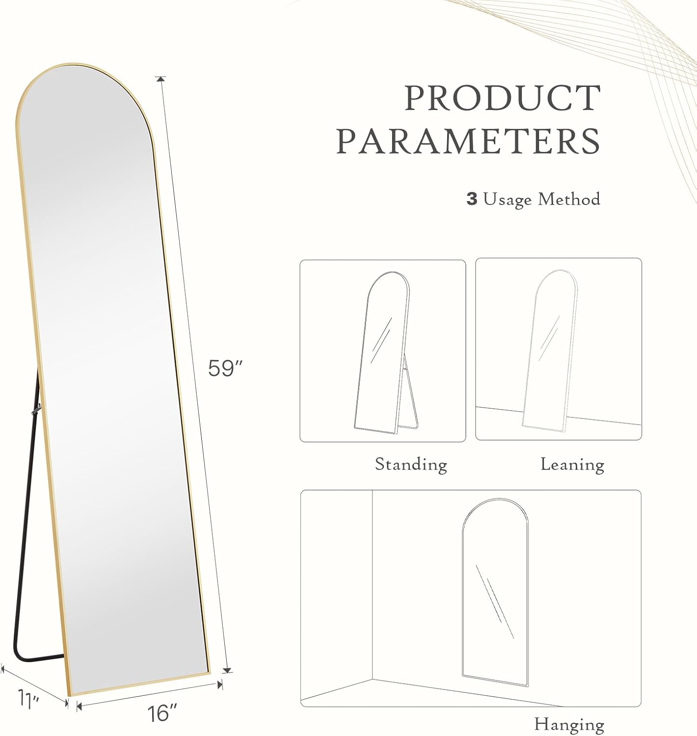 Arched Mirror Full Length, Upgraded 16"x59" Body Wall Mirrors with Shatter-Proof Glass, Floor Standing, Hanging or Leaning, Tall Arch Mirror with Stand Aluminum Alloy Frame for Bedroom Cloakroom