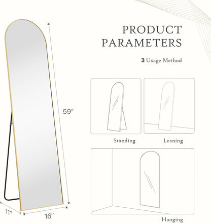 Arched Mirror Full Length, Upgraded 16"x59" Body Wall Mirrors with Shatter-Proof Glass, Floor Standing, Hanging or Leaning, Tall Arch Mirror with Stand Aluminum Alloy Frame for Bedroom Cloakroom