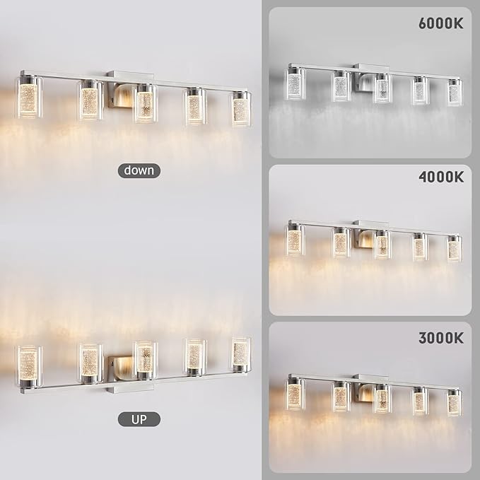 SADENICEL 5 Light Bathroom Light Fixtures, Brushed Nickel Vanity Lights Crystal - Image 4