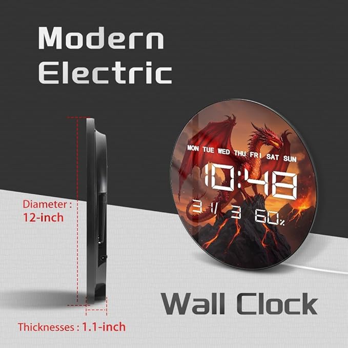 Timethink 12'' Red Fire Dragon Digital Wall Clock LED Display, Fantasy Medieval - Image 2