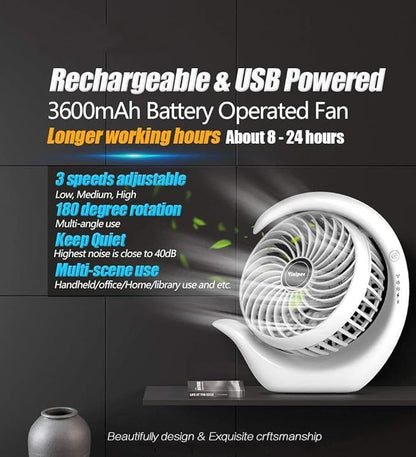 Viniper Portable Rechargeable Fan, Small Desk Fan : 3 Speeds & about 8-24 Hours - Image 3