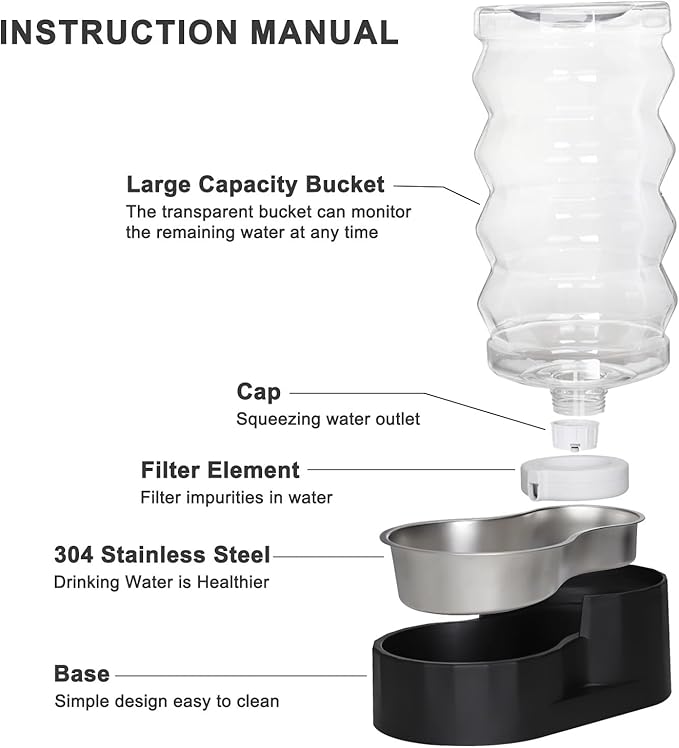 RIZZARI Large Dog Water Dispenser: 9L Black 304 Stainless Steel Gravity Feeder - Image 3