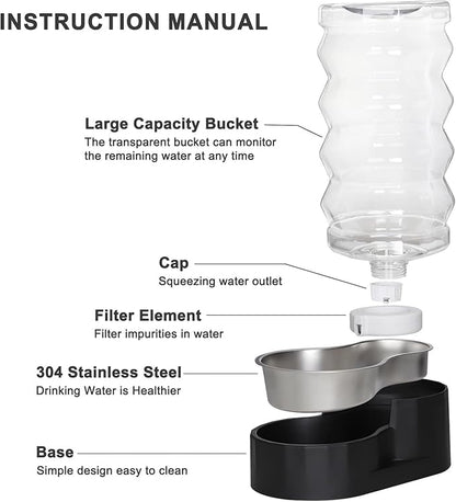 RIZZARI Large Dog Water Dispenser: 9L Black 304 Stainless Steel Gravity Feeder - Image 3
