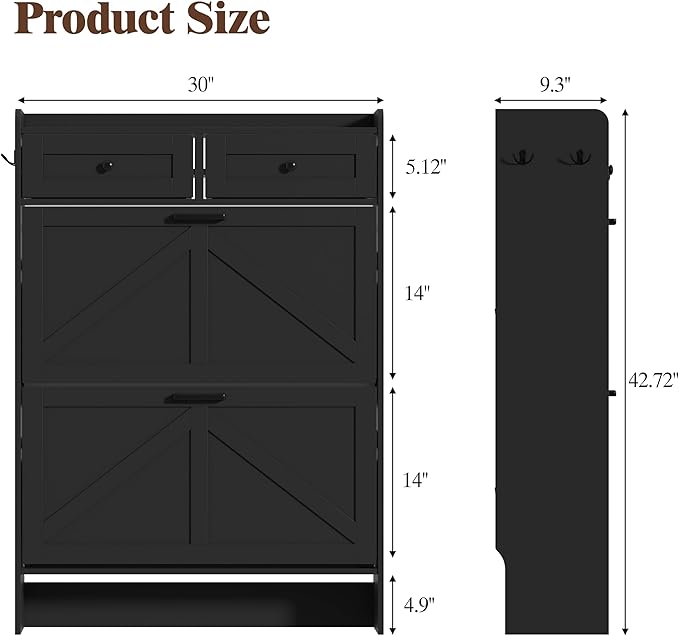 Shoe Cabinet with 2 Flip Drawers & 2 Storage Drawers, Rustic Farmhouse Narrow - Image 2
