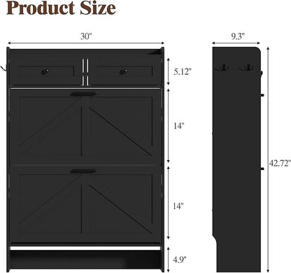 Shoe Cabinet with 2 Flip Drawers & 2 Storage Drawers, Rustic Farmhouse Narrow - Image 2