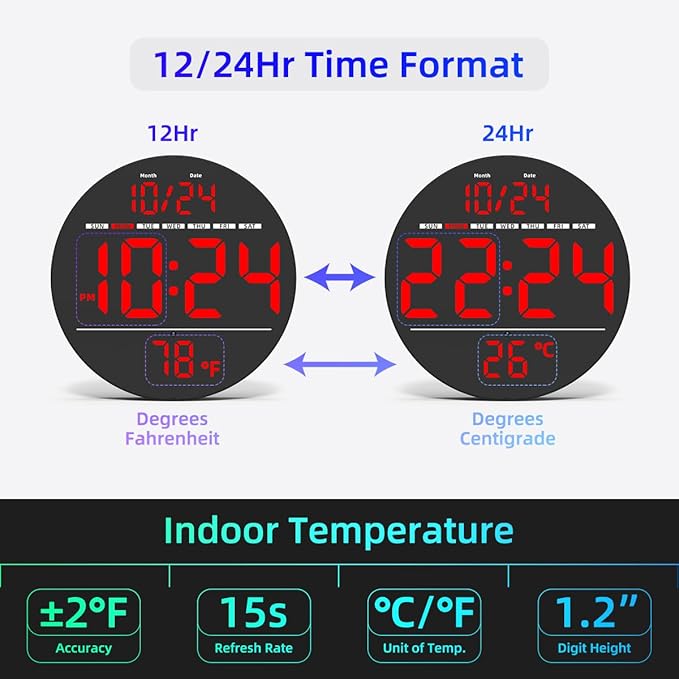 Digital Wall Clock with Large LED Display, Temperature, Auto-Brightness | Small - Image 5