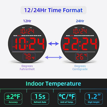 Digital Wall Clock with Large LED Display, Temperature, Auto-Brightness | Small - Image 5