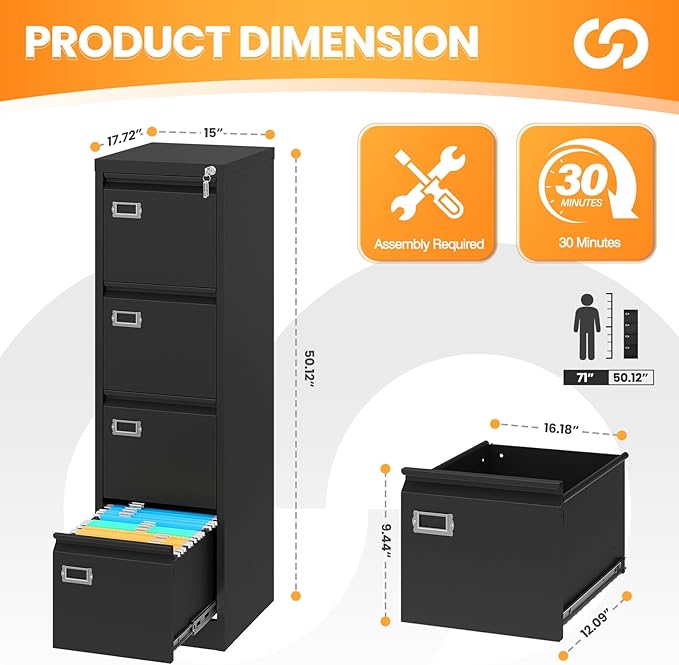 4 Drawer File Cabinet with Lock, Metal File Cabinets - Image 3