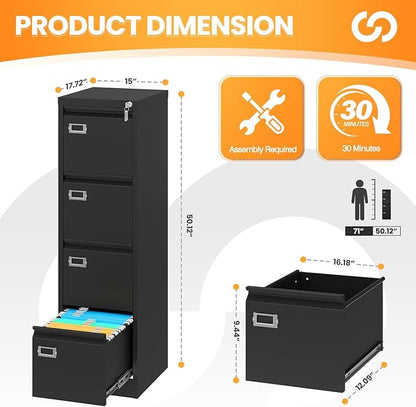 4 Drawer File Cabinet with Lock, Metal File Cabinets - Image 3
