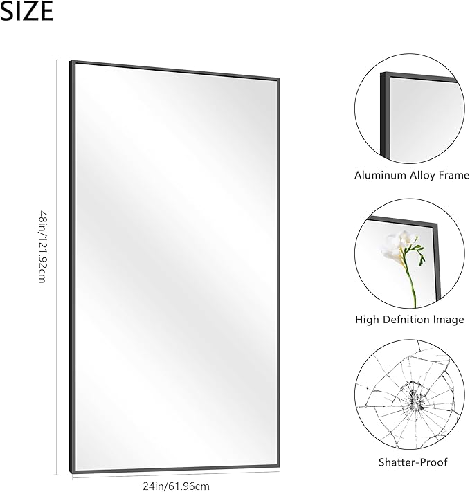 48x24In Black Bathroom Mirror for Wall, Rectangle Mirrors - Image 5