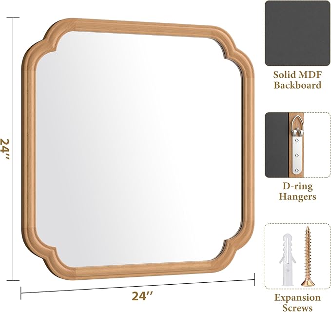 Ferytane Square Natural Wood Mirror 24X24 Inch, Wood Mirror - Image 6